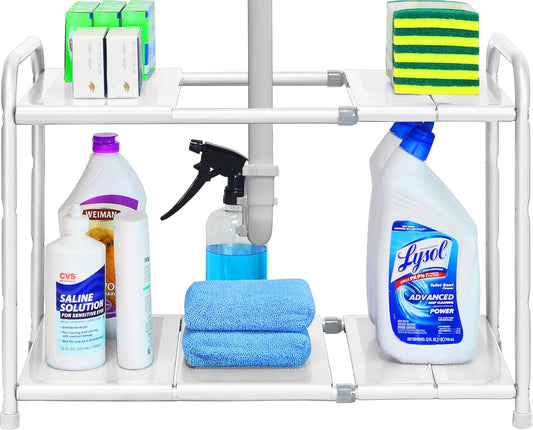 Simple Houseware Under Sink 2 Tier Expandable Heavy Duty Metal Shelf Organizer Rack, White (Expand from 15 to 25 inches)
