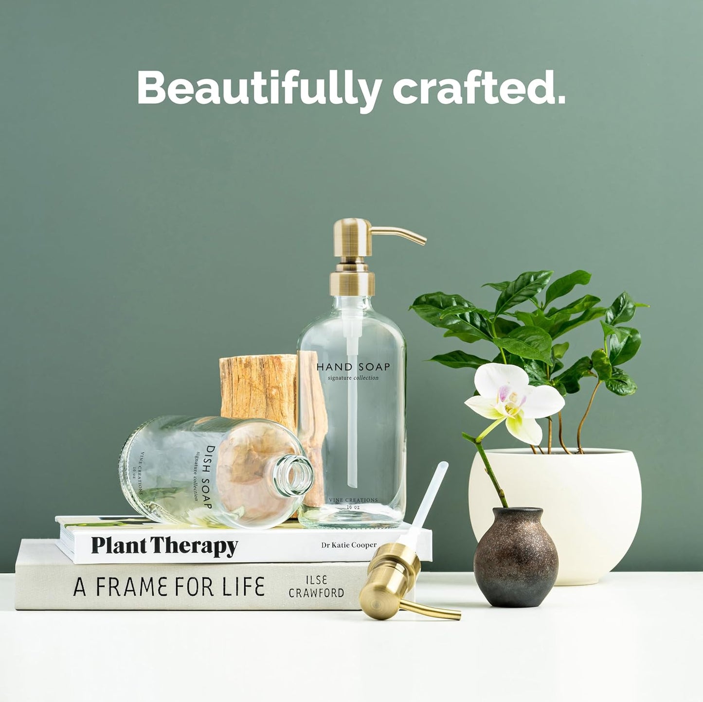 Vine Creations Clear Glass Soap Dispenser Set, Dish Soap and Hand Soap Dispenser Set with Stainless Steel Pump, 16 oz Glass Dispensers for Kitchen Bathroom Decor (Clear Bottle/Brushed Brass Pump)