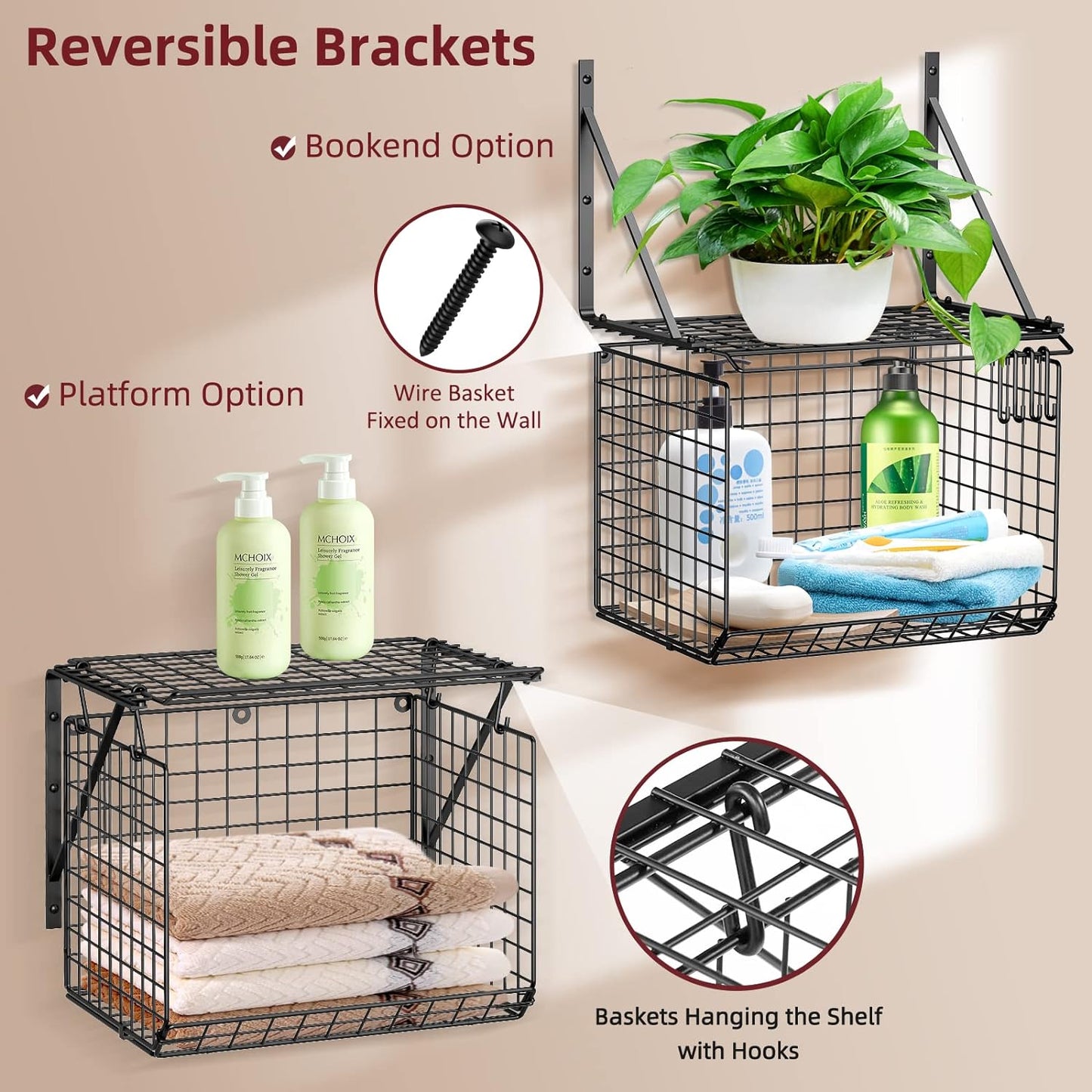 2 Pack Laundry Room Shelves, Wire Baskets with 8 Hooks, Over Washer and Dryer Shelf, Wall Mounted Storage and Clothes Drying Rack, Black