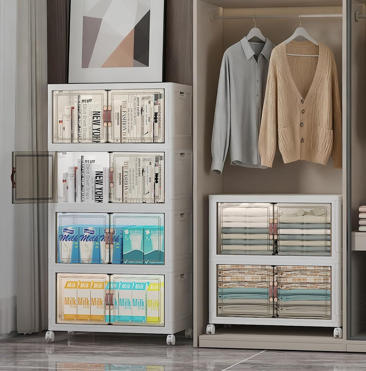 Extra Large Stackable Storage Bins with Lids & Wheels & Door, 312QT-52QT/13GAL*6Pack Foldable Collapsible Closet Organizers, Plastic containers drawers for bedroom Dorm