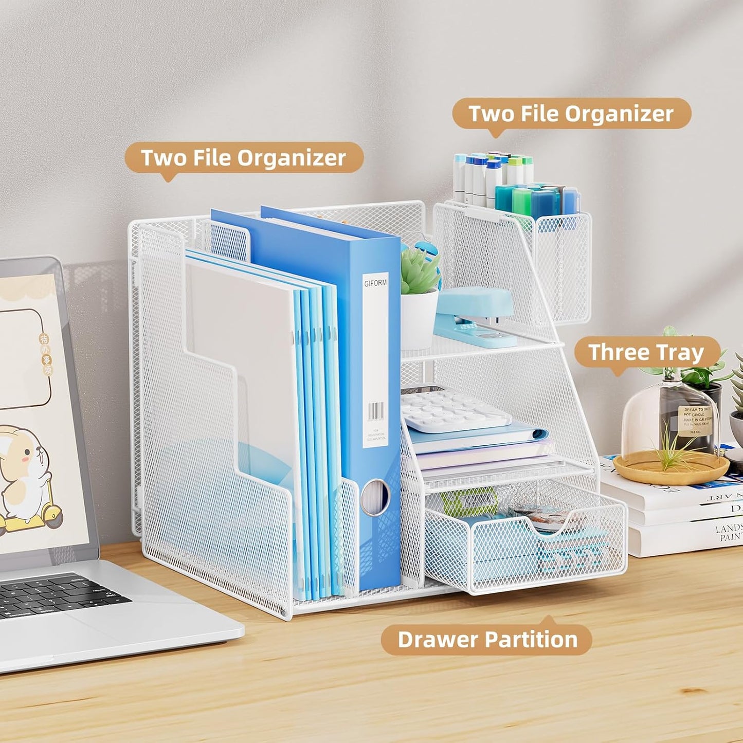 Marbrasse Desk Organizer and Accessories, 3-Tier File Organizer with Drawer and Pen Holder, Small Desktop Organizer and Storage for Workspace Office Supplies White