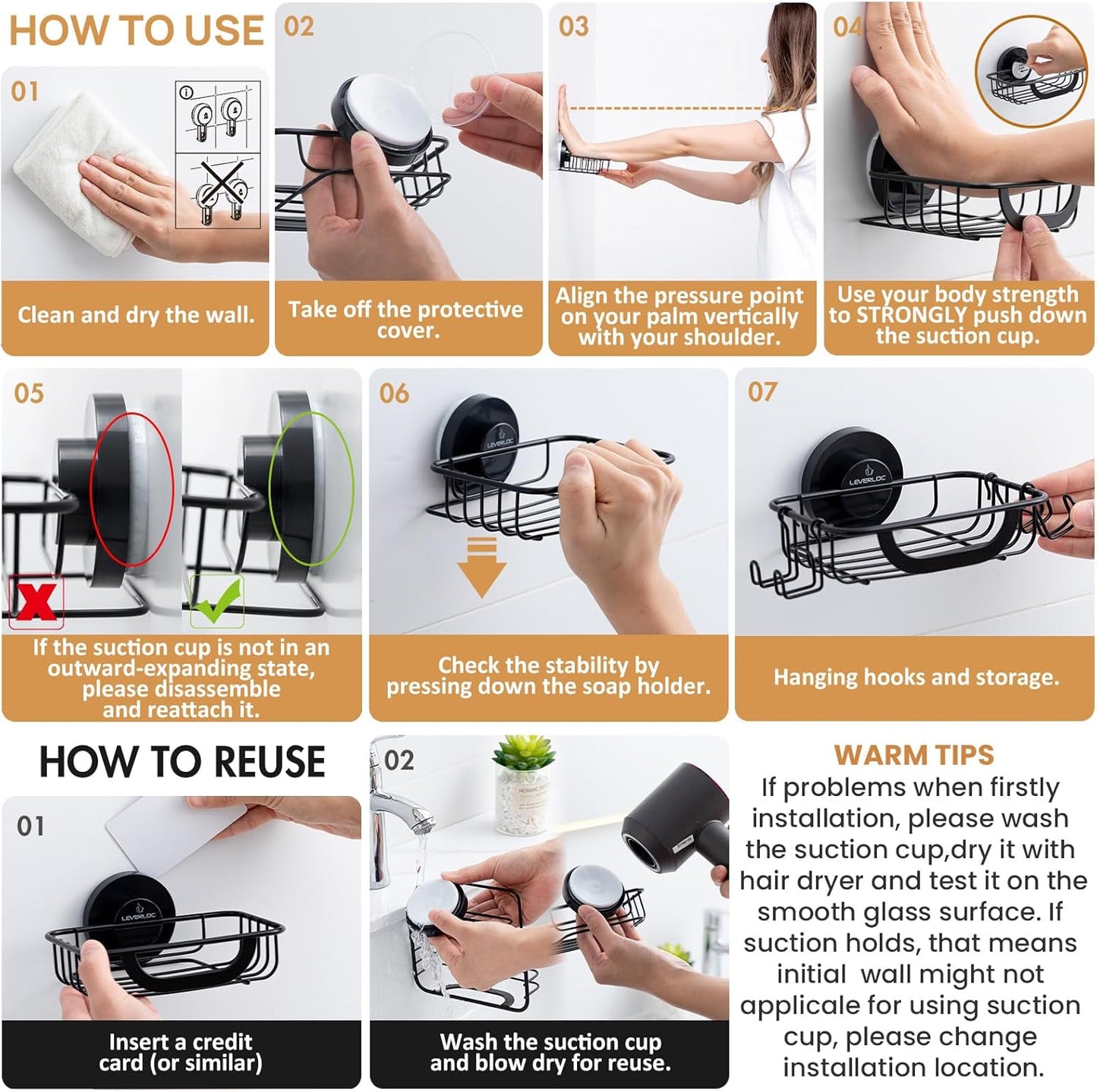 LEVERLOC Soap Holder Dish with Hooks for Shower, Bar Suction Cup Soap Tray Wall Mounted, Rustproof Stainless Steel Sponge Holder Caddy for Bathroom Bathtub Kitchen Sink, Black