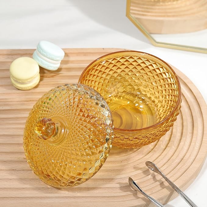 Joeyan 12 oz Small Amber Glass Jars with Lid,Embossed Glass Candy Dishes,Diamond Faceted Food Container,Decorative Jewelry Box Apothecary Canisters,Colored Kitchen Bathroom Buffet Storage Organizer
