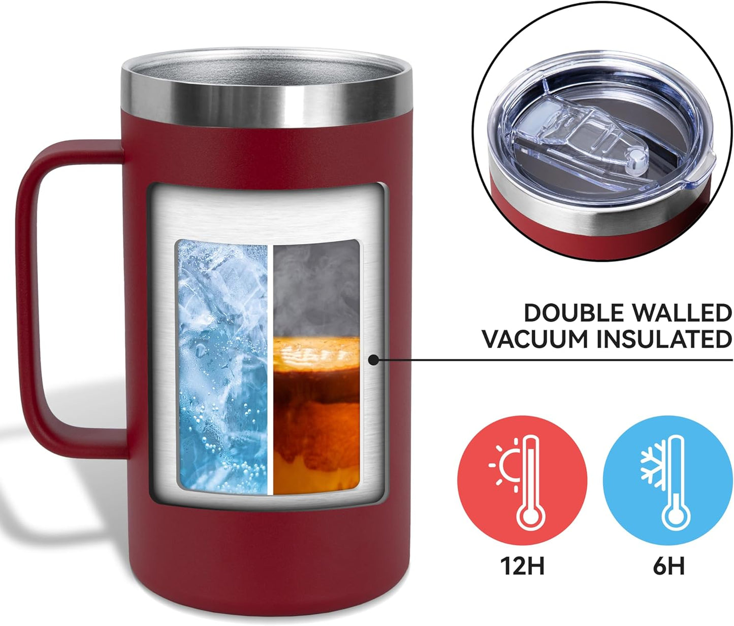 DOMICARE 24oz Mug with Handle and Lid, Stainless Steel Coffee Mug, Reusable Insulated Cup, Travel Mug with Handle, Double Wall Vacuum Coffee Tumbler for Men and Women, Dark Red, Pack 1