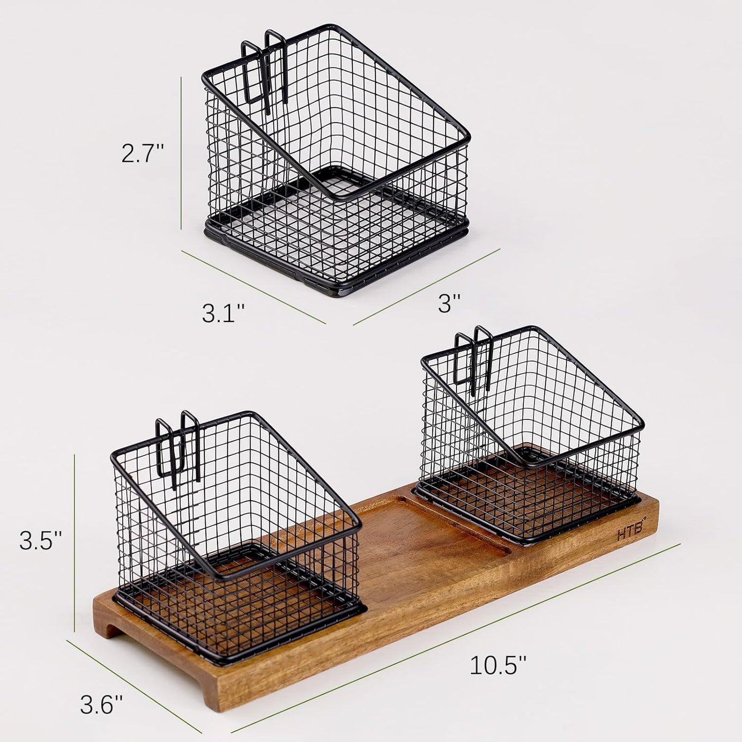 HTB Tea Organizer for Tea Bags, Tea Bag Holder with Acacia Wood Stand and 3 Removable Metal Basket for Sugar Packets, Sweeteners, Creamers for Cabinet, Countertop