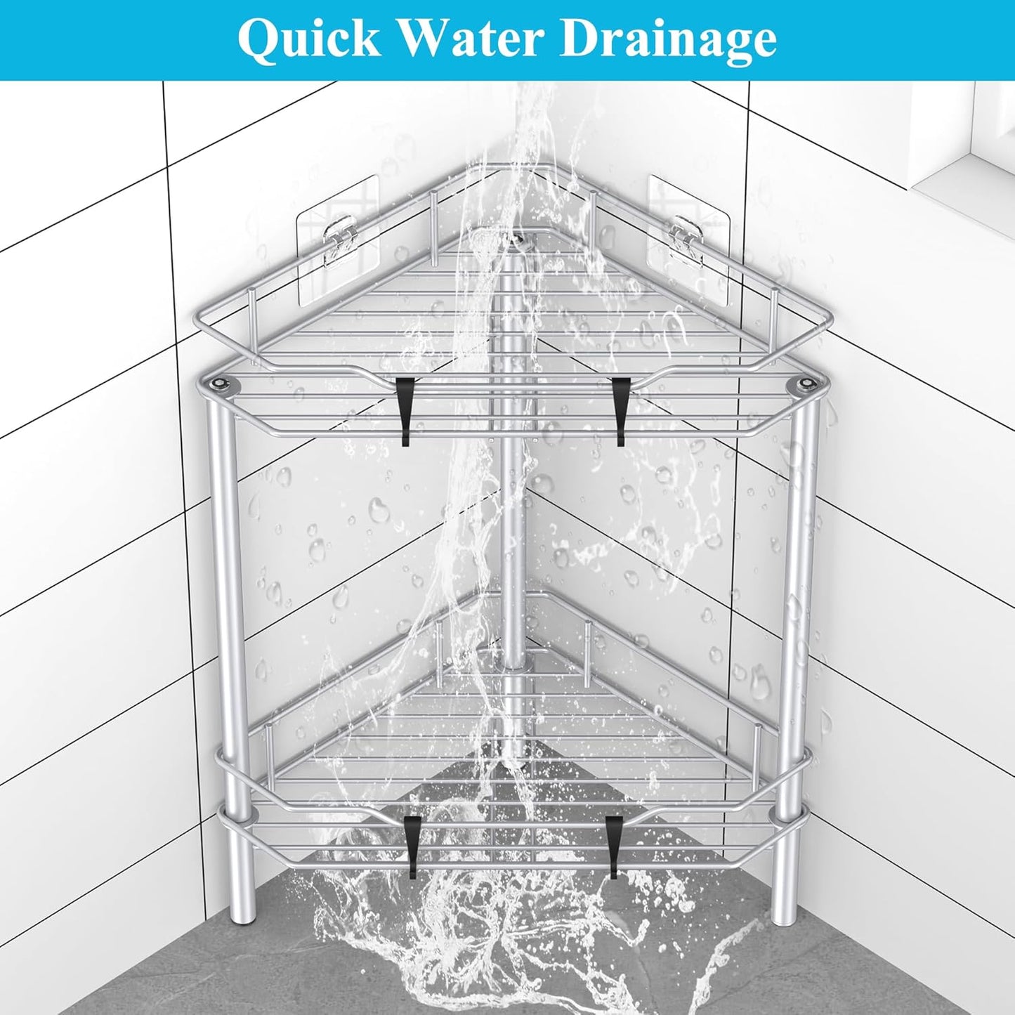2 Tier Floor Standing Corner Shower Caddy Organizer Shelf with Hooks, Bathroom Shelves Stand Rack, Silver