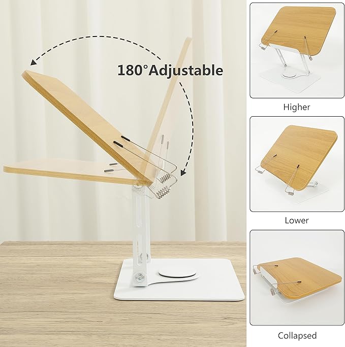 MNKXL Book Stand for Reading,360°Rotating Base Book Holder for Reading Hands Free,Cookbook Stand,Wooden Panel Aluminium Base Stand for Cookbook,Laptop,Textbook