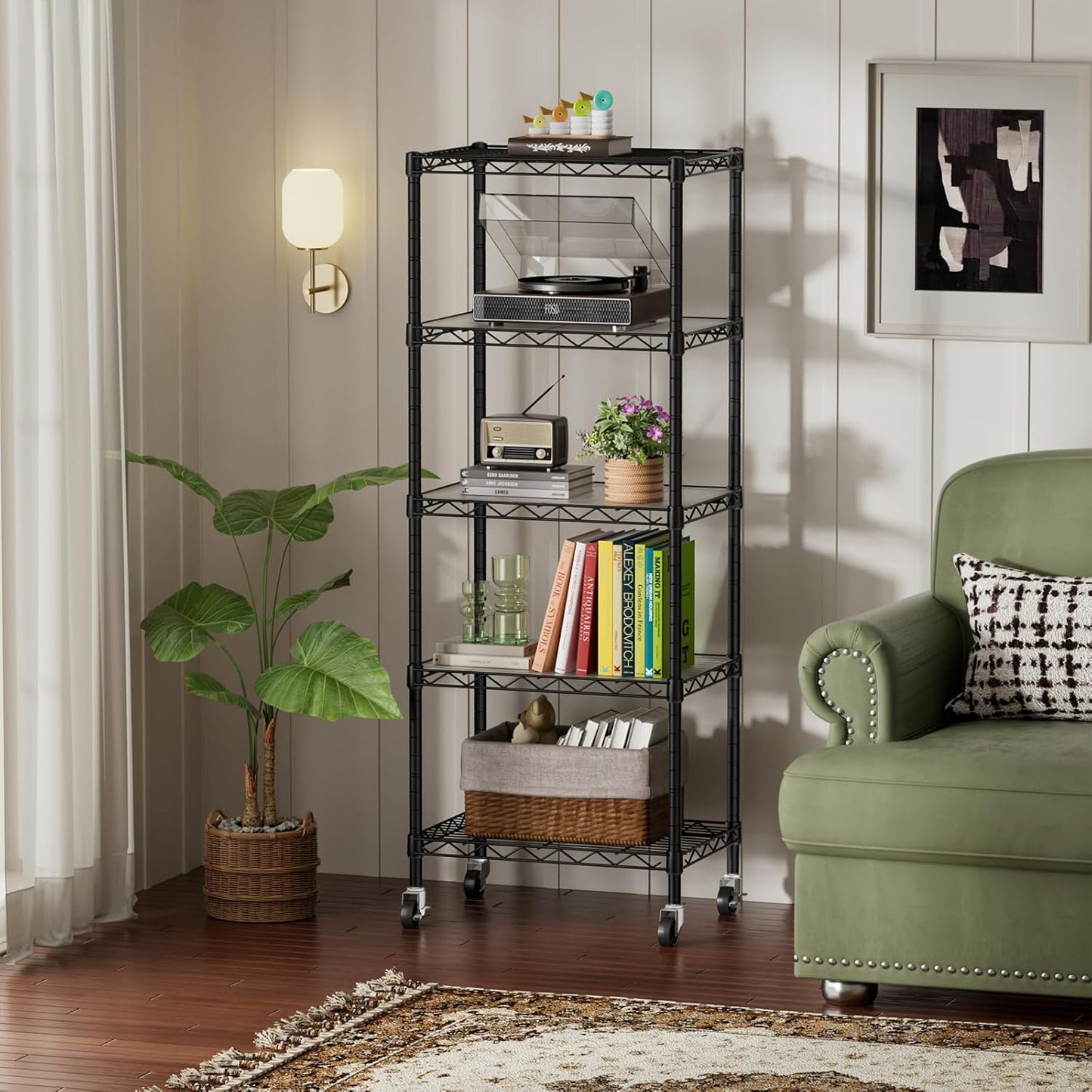 SINGAYE 5 Shelves Storage Shelf Wire Closet Bathroom Organizers Metal Pantry Kitchen Small Garage Shelving Unit Laundry Room Organization Home Narrow Rack Net Basket with Wheels Black