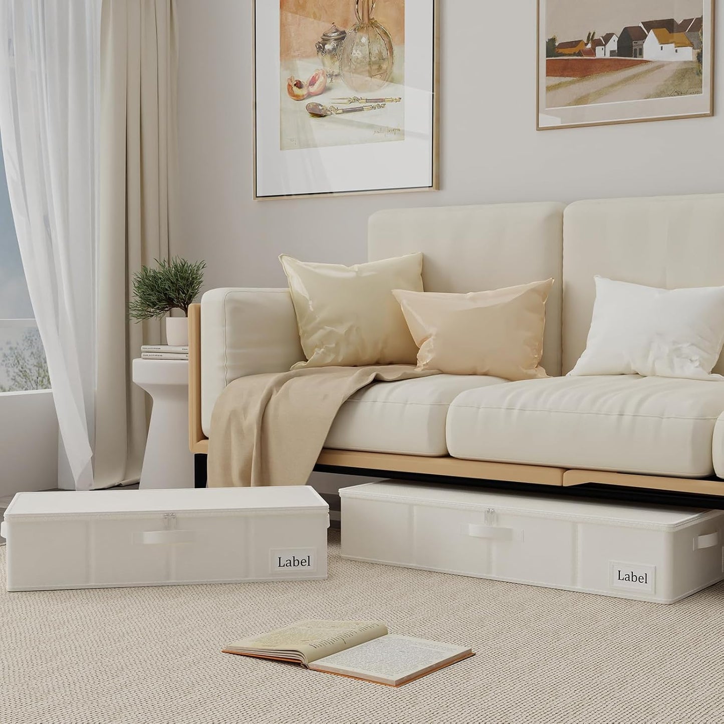 Yawinhe Underbed Bags, Storage Containers Bags with Lid, Foldable Blanket Bins, with Sturdy Zipper und Label Holders, for Clothing, 23.6''Lx11.8''Wx6''H, 4 Pack, Beige