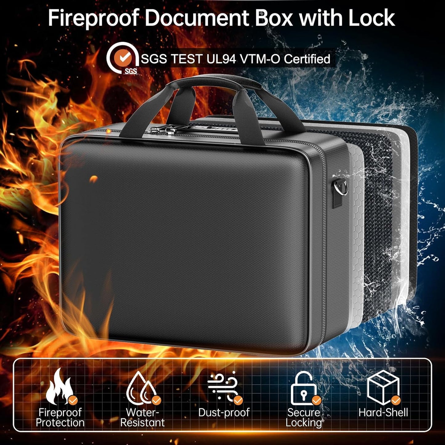 ENGPOW Fireproof Document Box with Lock, Fireproof Water Resistant Hard Case File Organizer Safe Box with Multi Pockets, Protects Important Documents Certificates Laptop Passports (Black)