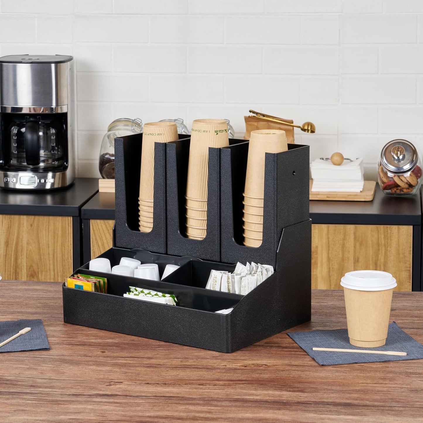 Restaurantware Restpresso Coffee Bar Organizer, 1 Count Durable 6 Compartments, Compact Size, Black Plastic Tabletop Coffee Supplies Organizer For Homes, Office Spaces, Breakrooms, and Lounges