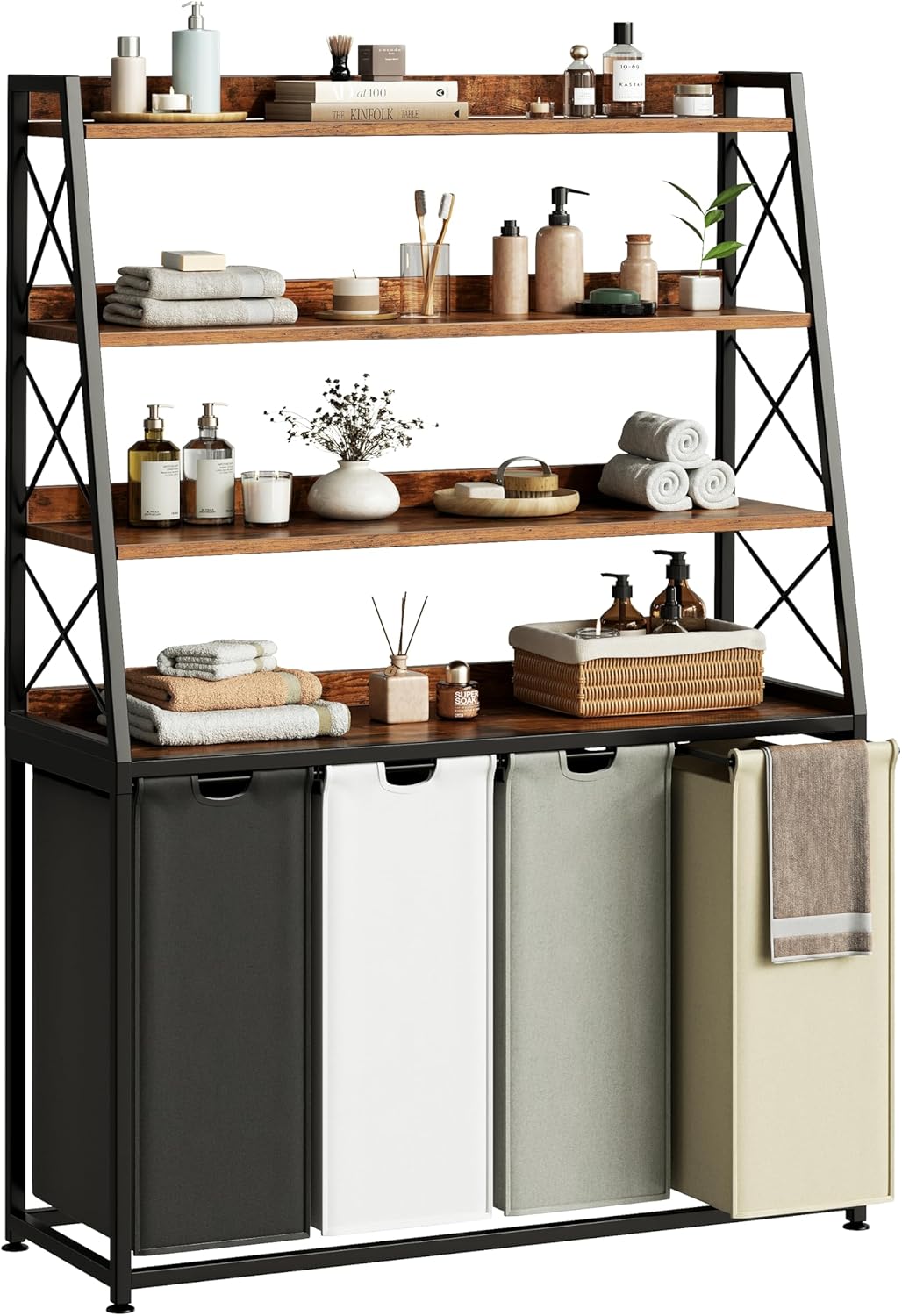 Laundry Basket, 4 Section Laundry Hamper with 4 Tiers Shelf, Pull-Out and Removable Laundry Bags, Large 4 x 15.87 Gallons, for Laundry Room Bathroom Rustic Brown PF12XLN