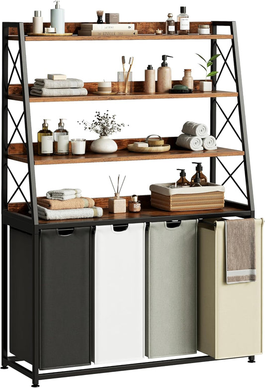 Laundry Basket, 4 Section Laundry Hamper with 4 Tiers Shelf, Pull-Out and Removable Laundry Bags, Large 4 x 15.87 Gallons, for Laundry Room Bathroom Rustic Brown PF12XLN