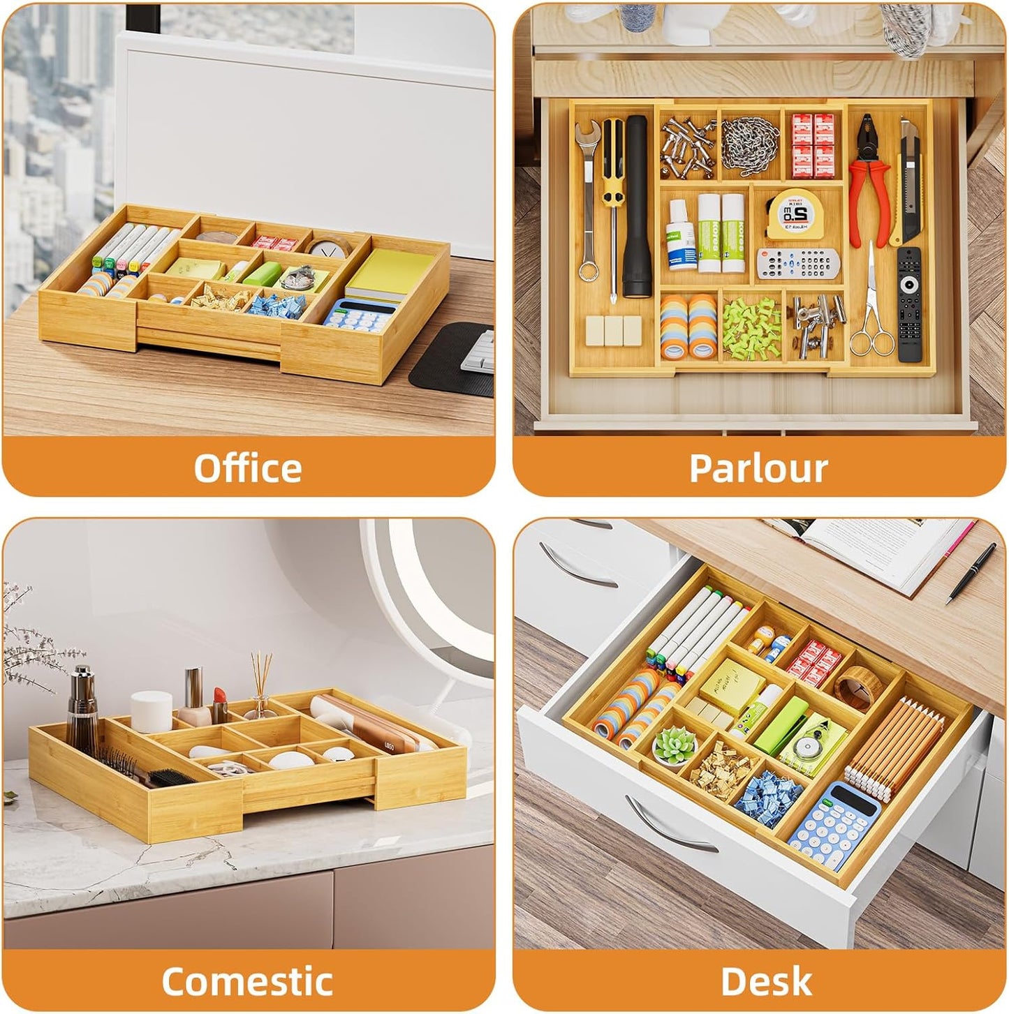 Marbrasse Bamboo Expandable Drawer Organizer, Desk Drawer Organizer Tray with 5 Dividers, Desk Organizers and Accessories, 10 Adjustable Compartments for Office Supplies, Junk, Makeup & Vanity