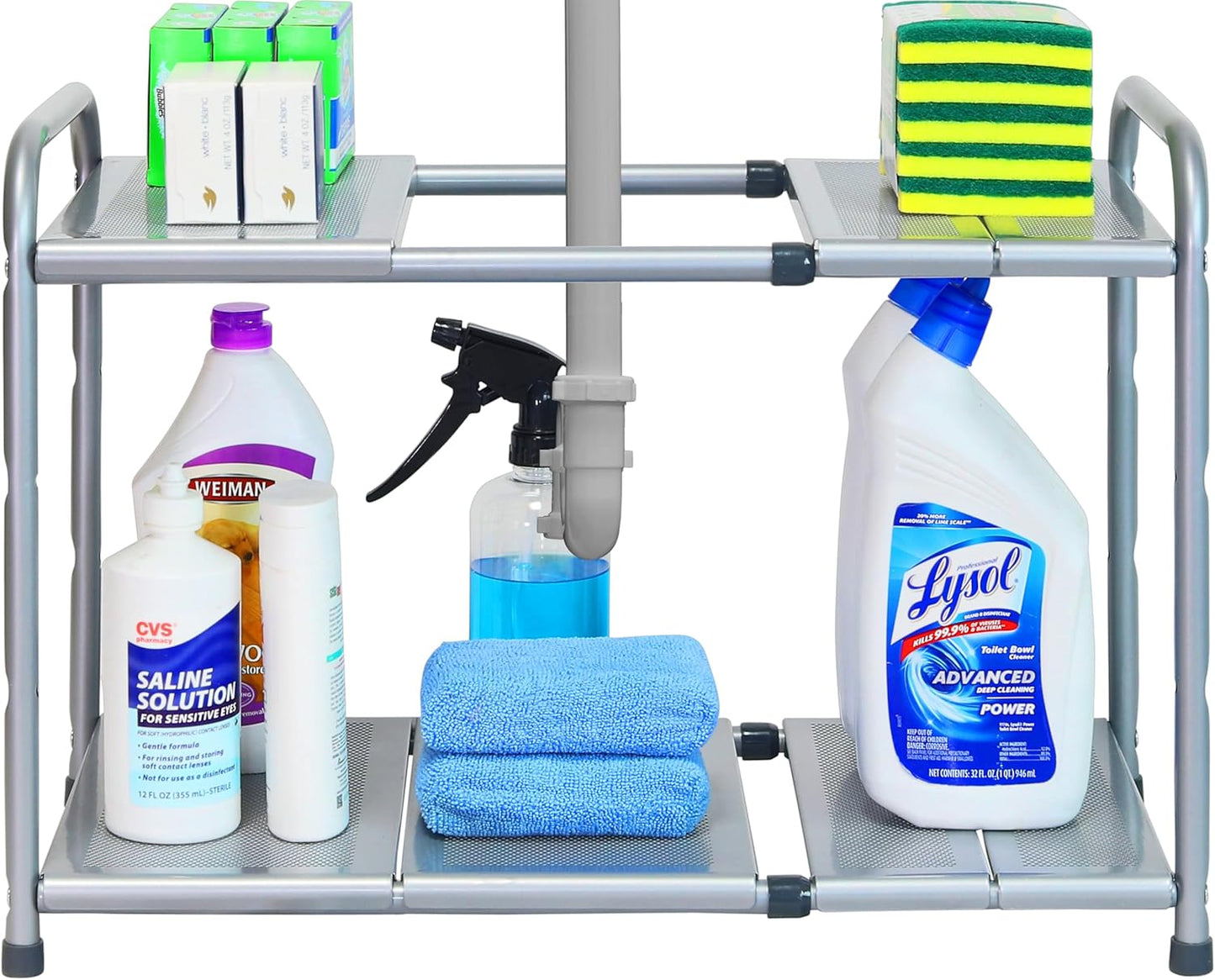 Simple Houseware Under Sink 2 Tier Expandable Heavy Duty Metal Shelf Organizer Rack, Silver (Expand from 15 to 25 inches)