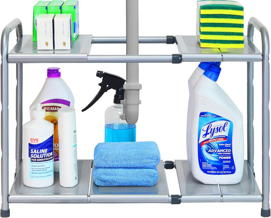 Simple Houseware Under Sink 2 Tier Expandable Heavy Duty Metal Shelf Organizer Rack, Silver (Expand from 15 to 25 inches)