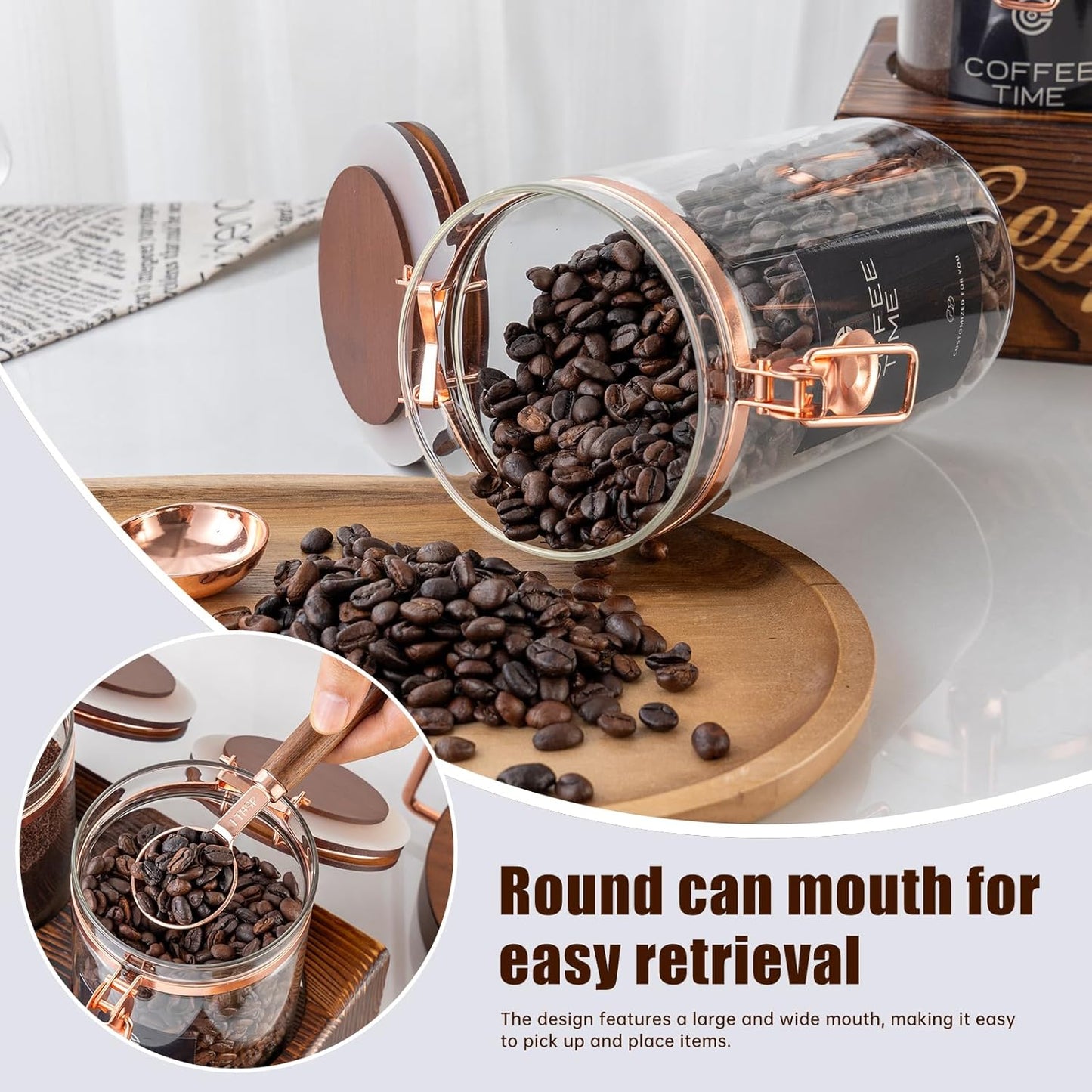 2-Piece Borosilicate Glass Coffee Storage Jars with Wooden Stand & Spoon - Airtight Sealed Containers for Coffee Beans, Ground Coffee, Tea - Clear Glass Canisters for Kitchen Countertop