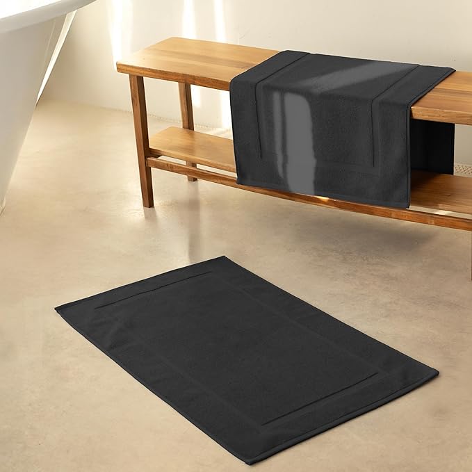 SALBAKOS 100% Turkish Cotton Bath Mat Set 2-Piece - 20x34 inch, Premium Quality Hotel & Spa Collection, Soft, Absorbent, Long Lasting, Durable Bathroom Rugs | Made in Turkey (Black, 2 Bath Mats)