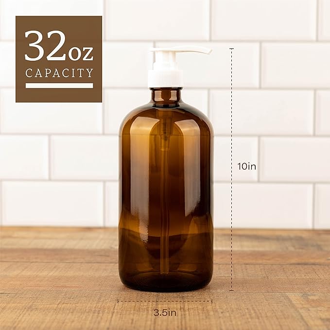 32 Ounce Glass Pump Dispenser Bottle, Large Amber Container with Pump for Shower and Bath Shampoo Soap Conditioner Lotion - 1 Liter - by Kitchentoolz