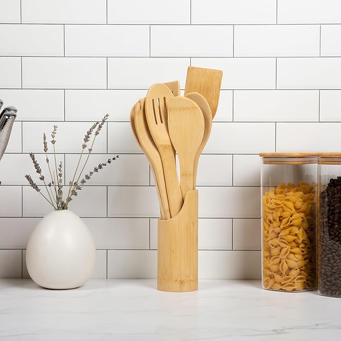Bamboo Spoons for Cooking - Set of 8 Spoons with Holder - Wooden Cooking Spoons - Non-toxic & Organic Bamboo Cooking Utensils with Spoon Set & Spatula - Premium Kitchen Utensils