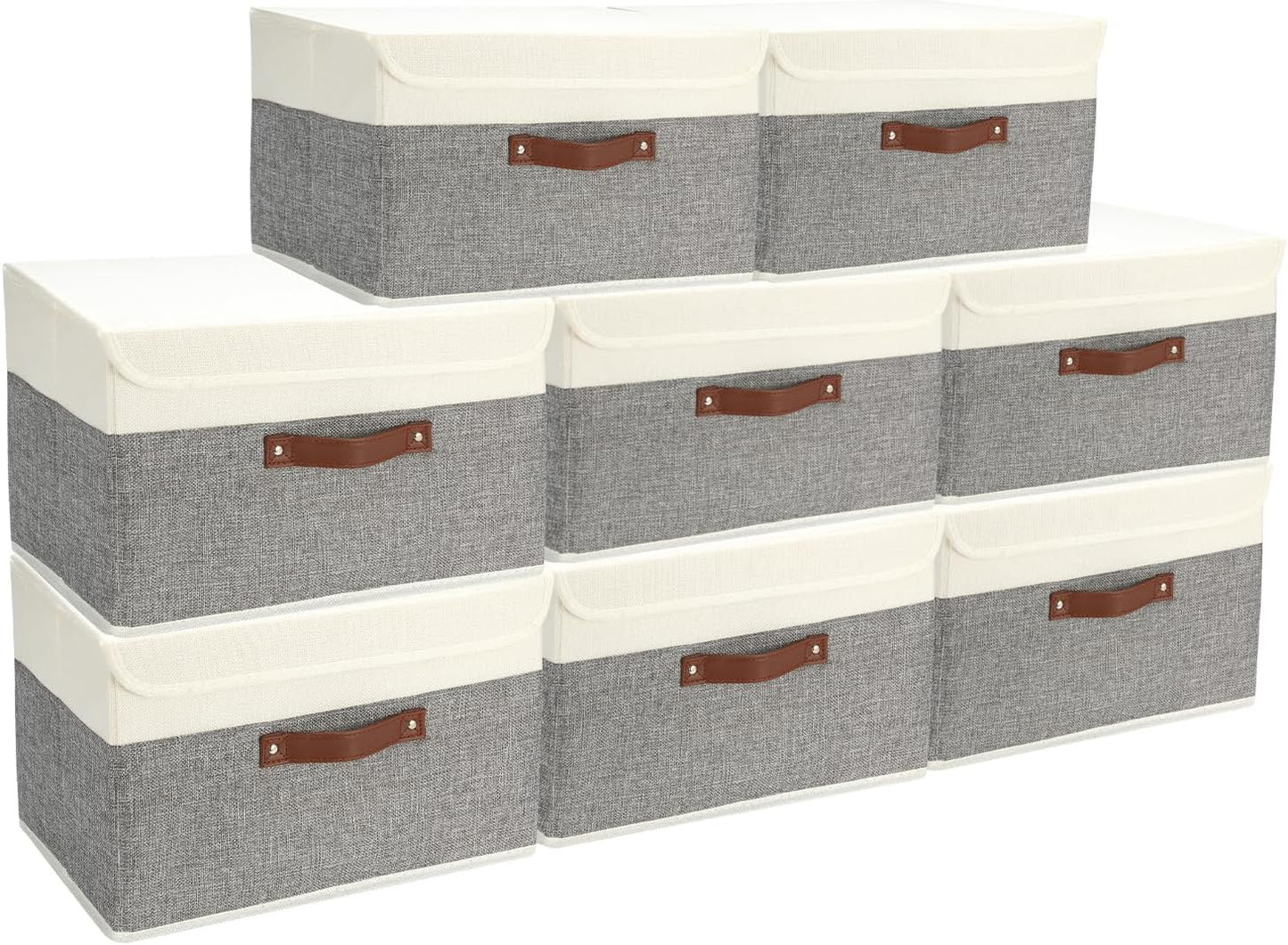 8 Pack Storage Bins Foldable Storage Boxes Fabric Storage Box with Lid & Handle Large Washable Organizer Bulk for Office, Home, Books, Clothes, Bedroom, Closet, (15INx10INx10IN White/Grey)