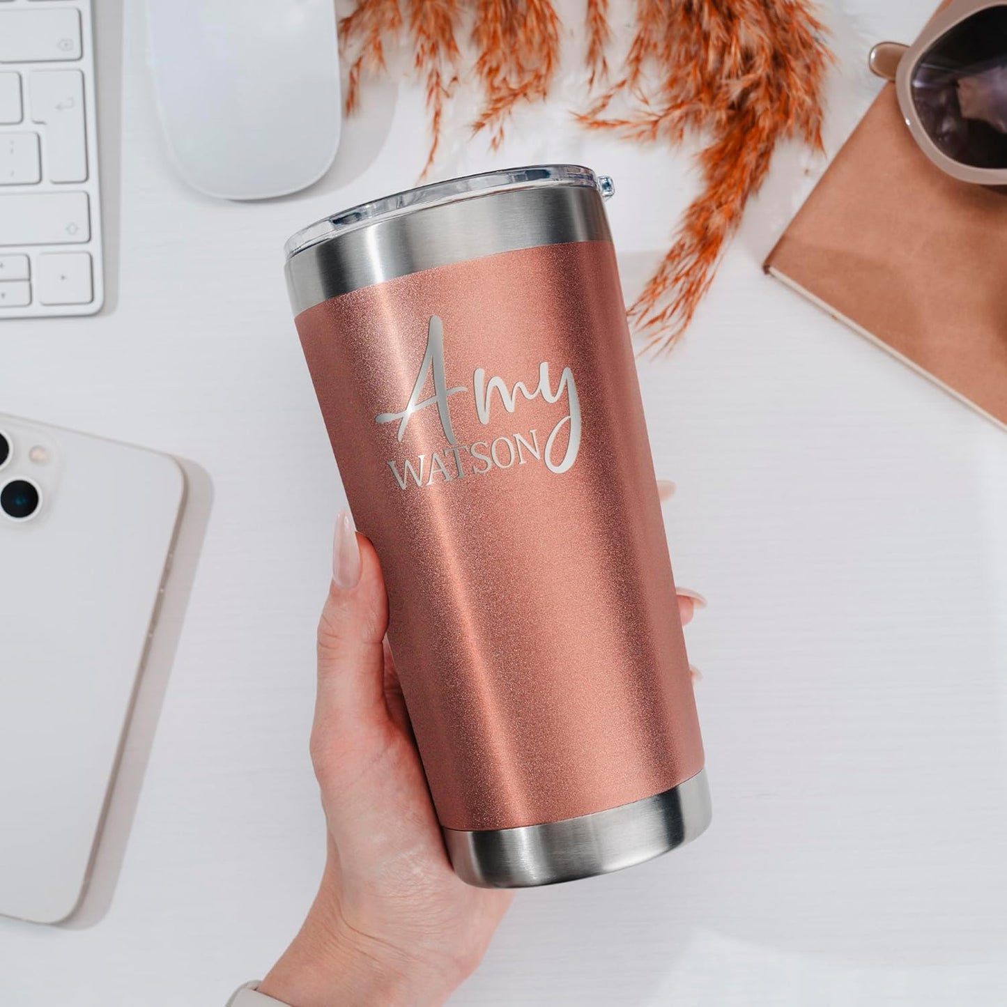 Be Burgundy Personalized Tumbler with Engraved Name - 12 Designs, 30 Oz Coffee Tumbler with Slider Lid, Rose Gold, Double Wall Insulated - Gift for Mom, Women, Personalized Gift for Her