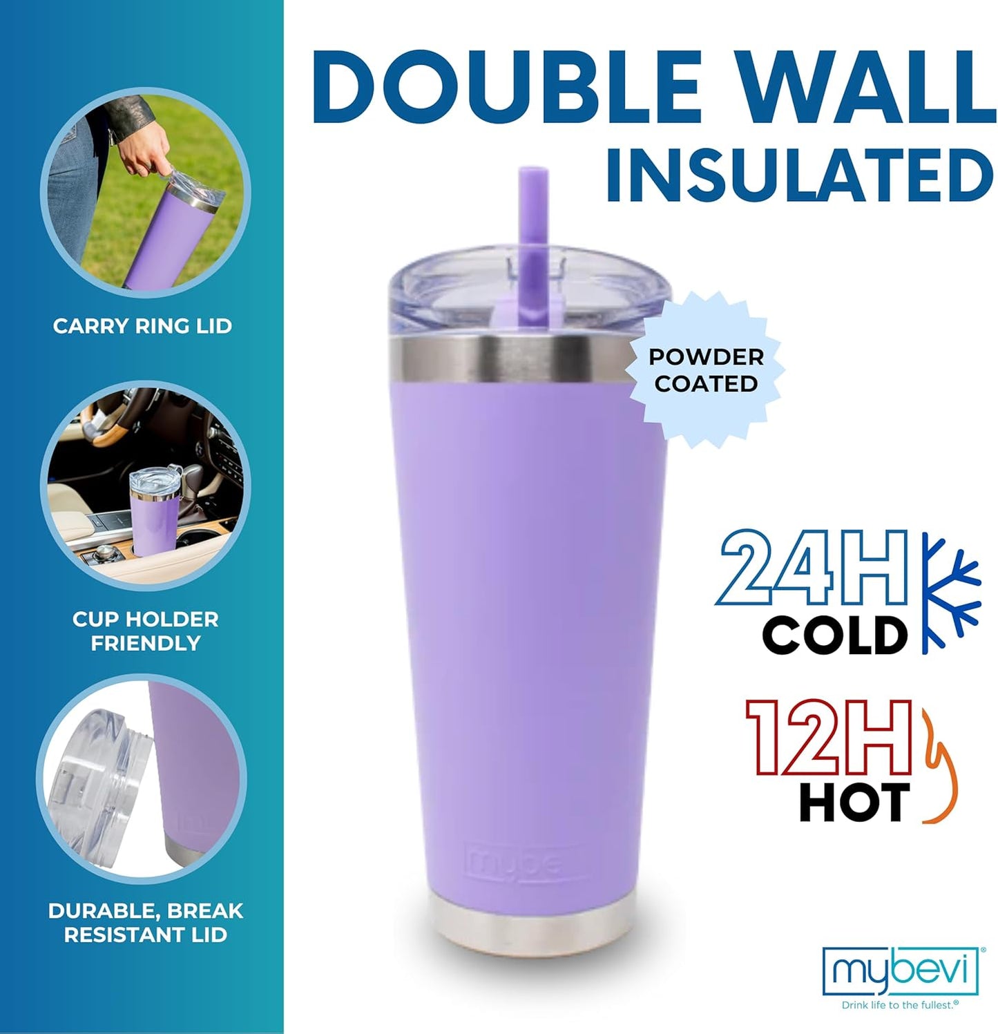 Classic Premium Stainless Steel Tumbler with 12-Hour Temperature Control, Tritan Lid, and BPA-Free Construction | Purple Powder Coat, 26 oz