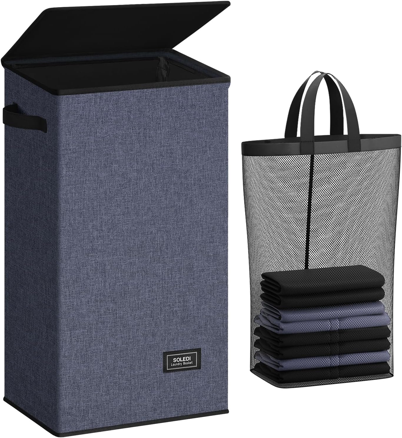 SOLEDI Laundry Hamper with Lid 100L Large & Tall Collapsible Laundry Basket, Clothes Hamper with Bag Removable Easy to Carry, Dirty Hampers for Bedroom, Bathroom, Dorm, College, Navy Blue