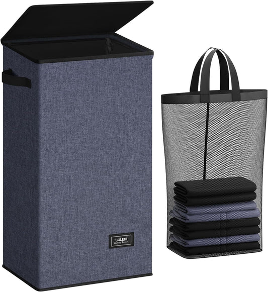 SOLEDI Laundry Hamper with Lid 100L Large & Tall Collapsible Laundry Basket, Clothes Hamper with Bag Removable Easy to Carry, Dirty Hampers for Bedroom, Bathroom, Dorm, College, Navy Blue