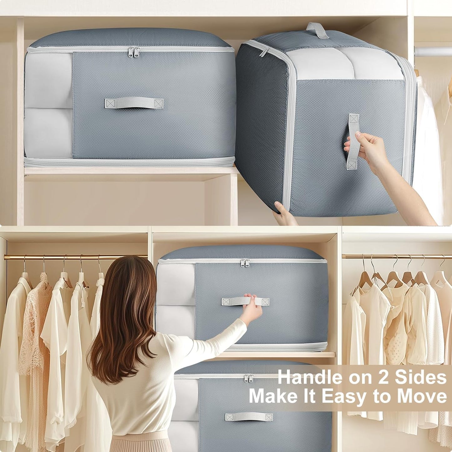 Comforter Storage Bag - Extra Large Capacity Blanket Storage Bags 3-Layer Ultra Space Saving Self Compression Organizer, Washable Compression Bags for Storage Comforter Blanket, 6-Pack, Grey