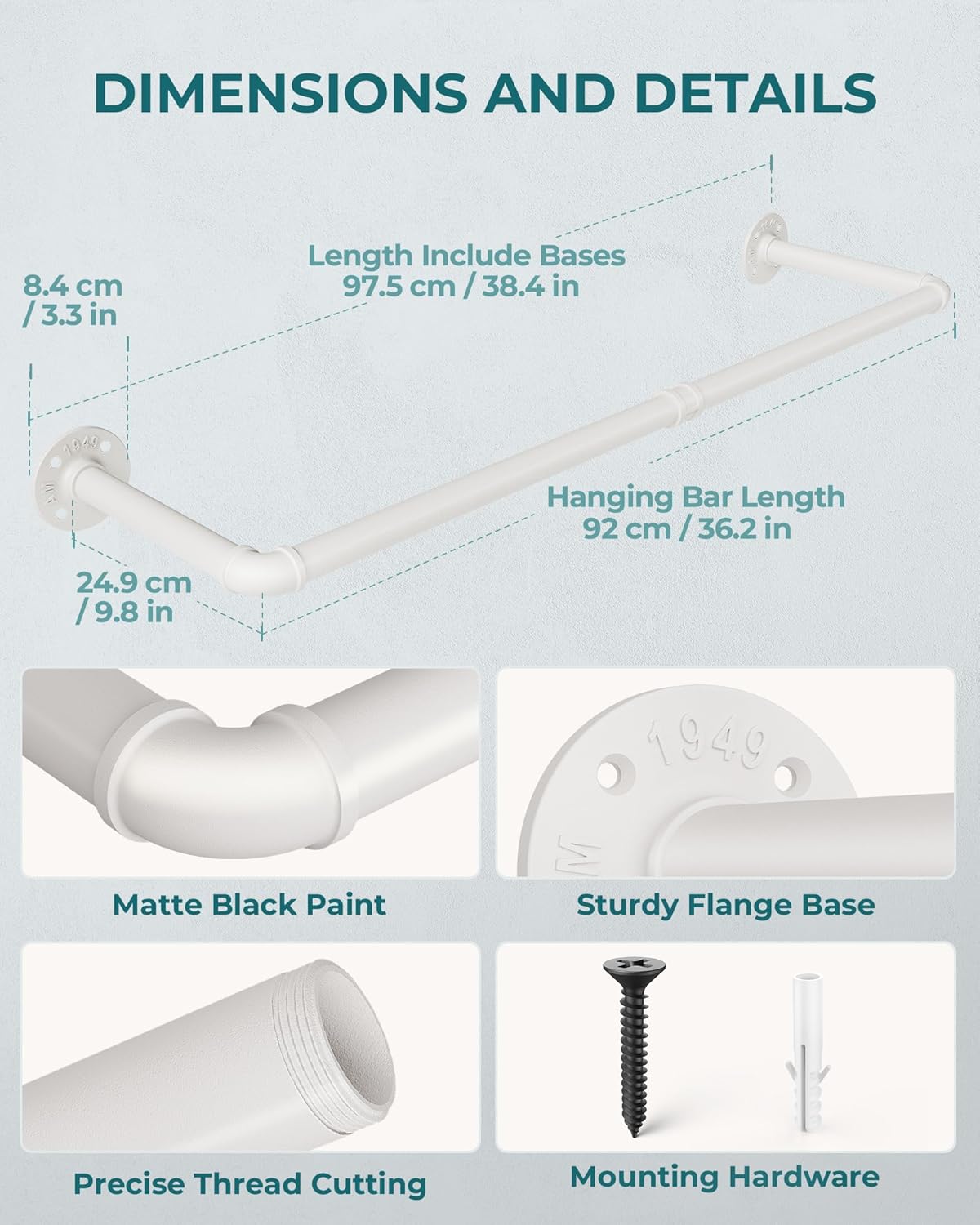 OROPY Industrial Pipe Clothes Rack Wall Mounted Set of 2, 38.4 inches Heavy Duty Iron Pipe Clothing Garment Rail, Multi-Purpose Clothing Hanging Rod for Laundry Room and Closet Storage, White