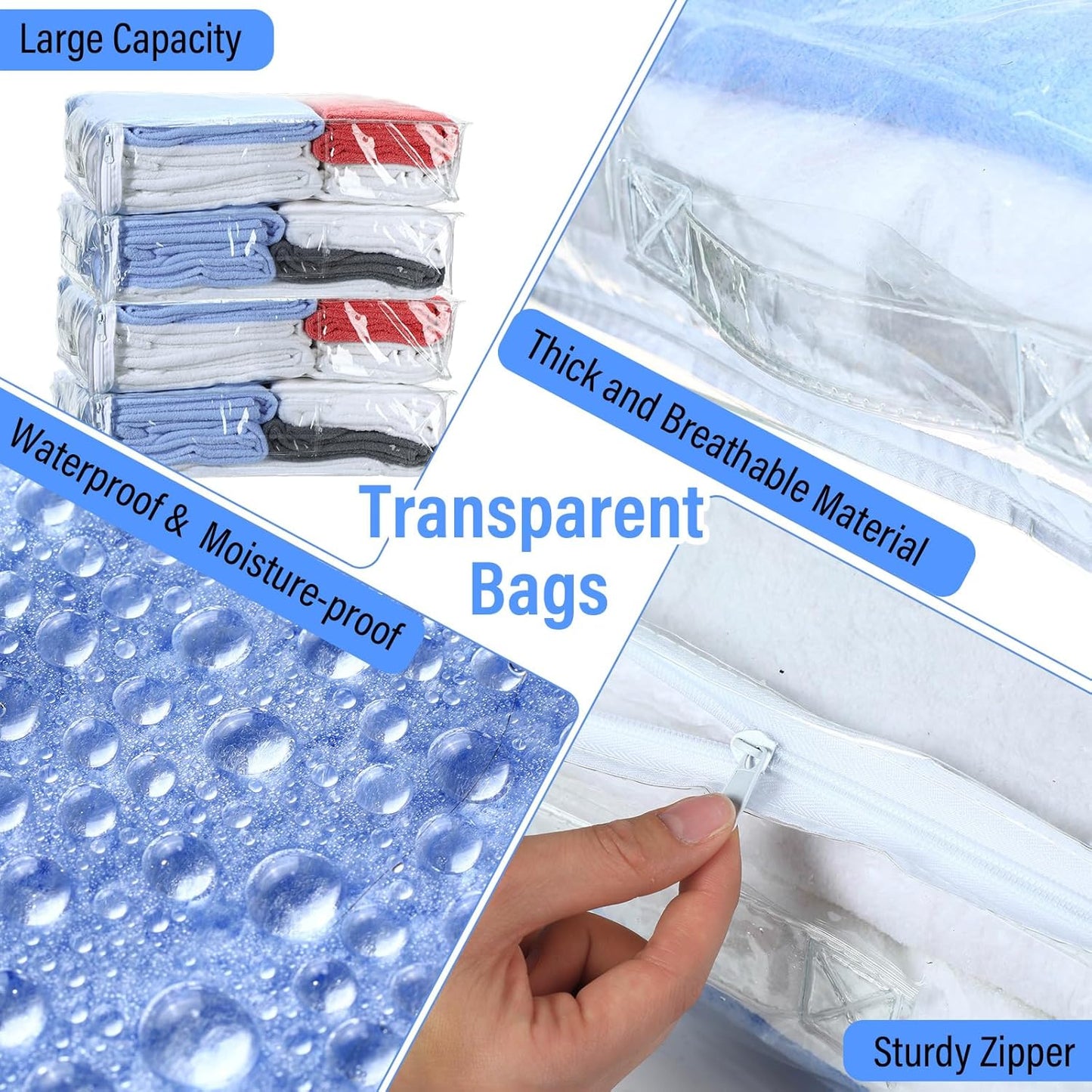 Kenning Set of 20 Clear Vinyl Zippered Storage Bags for Sheet Organizer Plastic Sweater Bags with Handle Pocket for Bed Blanket Throw Pillow Toys(White,18 x 15 x 4 Inch)