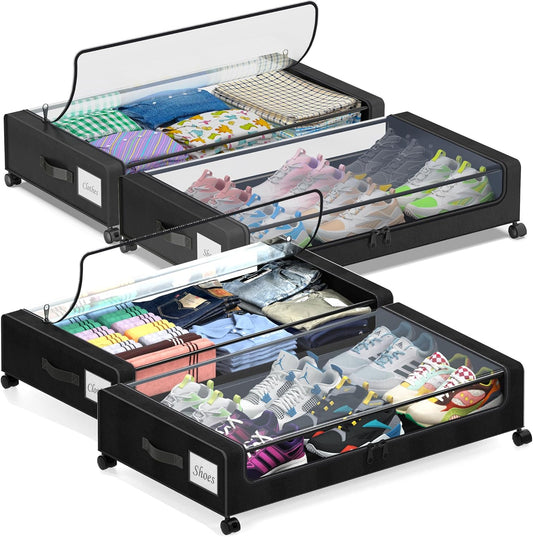 Under Bed Storage with Wheels, 4-Pack Under Bed Storage Containers with Clear Lids, XXL 60L Under the bed storage Organizer Bins, Rolling Under Bed Metal Drawer for Clothes,Shoes,Toys (Black)