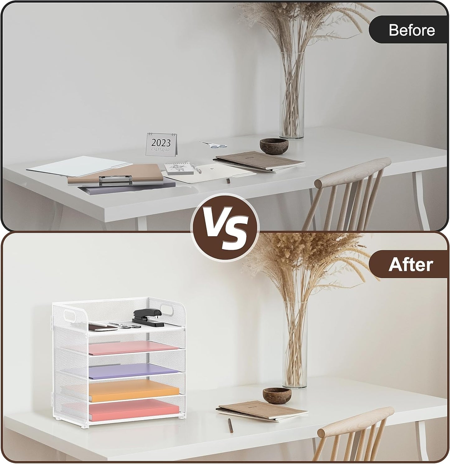 2 Pack 5-Tier White Desk Organizer with Handle Mesh Desk File/Paper Organizer Letter Tray for Office, School and Home Easy Installation