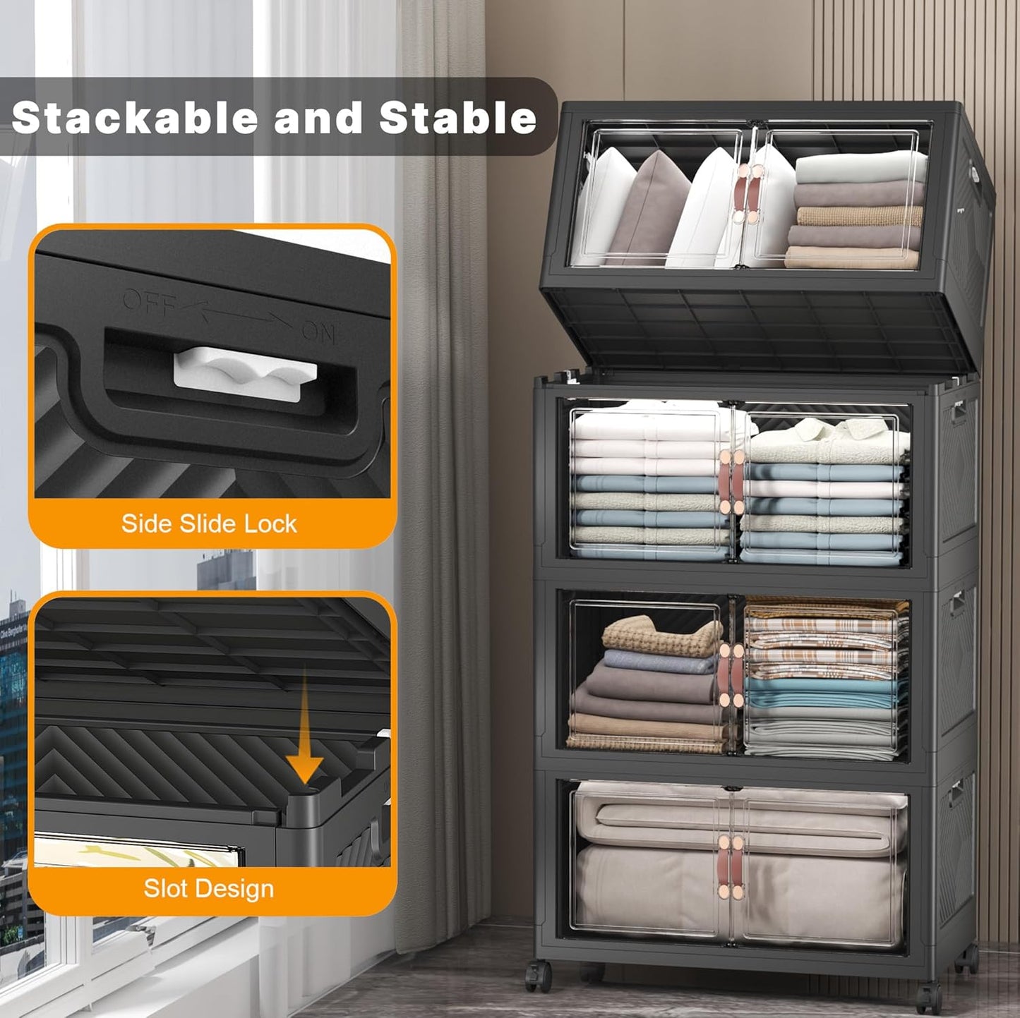 Extra Large Stackable Storage Bins with Lids & Wheels & Door, 448QT-112QT/28GAL*4Pack Foldable Collapsible Closet Organizers, Plastic containers drawers for bedroom Dorm