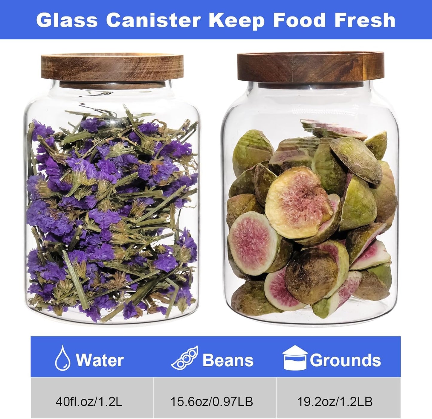 Glass Jar with Spoon Wooden Lid Clear Coffee Ground Containers Set Borosilicate Glass Kitchen Storage Canister for Sugar Espresso Spice Beans Nut Pasta Candy Tea (1200ml(40oz)-with spoon (2pack))