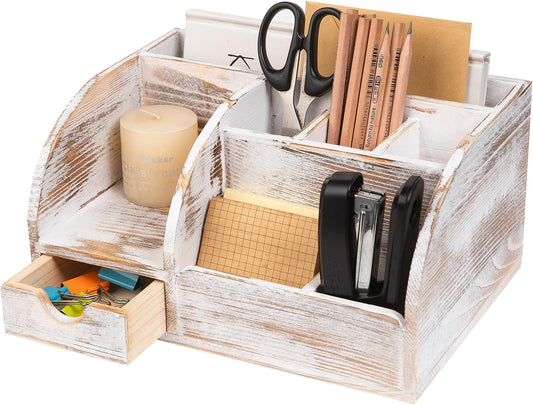 VERGOODR Office Desk Drawer Supply Organizer and Accessories, Wood Desk Organizer with 6 Compartments & 1 Drawer Binders Folder Papers Holder Pen Holder Office Desktop File Organizer (Washed white)