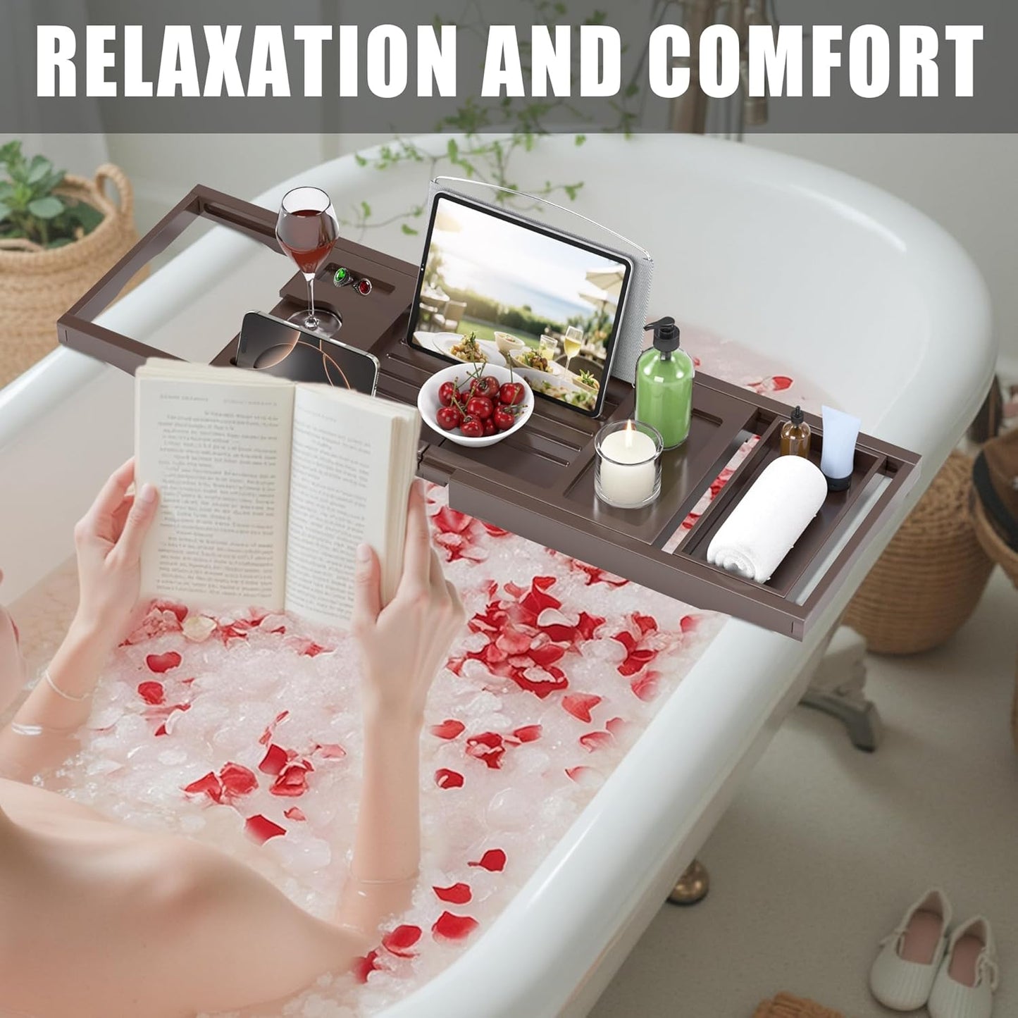 Foldable Bathtub Caddy Tray for Tub,Bamboo Expandable Bath Table Trays,Premium Bathroom Accessories for New Home & Mothers Day & Birthday Gifts for Couples,Brown