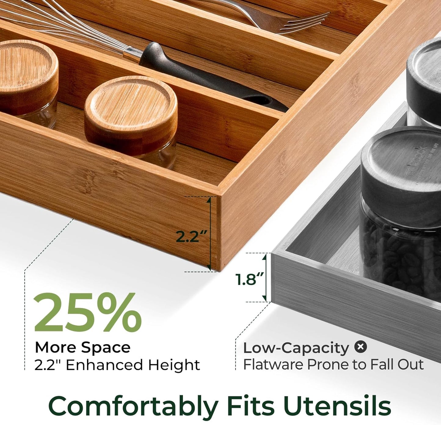Carbonized Bamboo Kitchen Drawer Organizer, 8 Slots Silverware Organizer, Utensil Holder & Cutlery Tray, 2.2" Deep for Extra Capacity, Non-Slip Feet Included