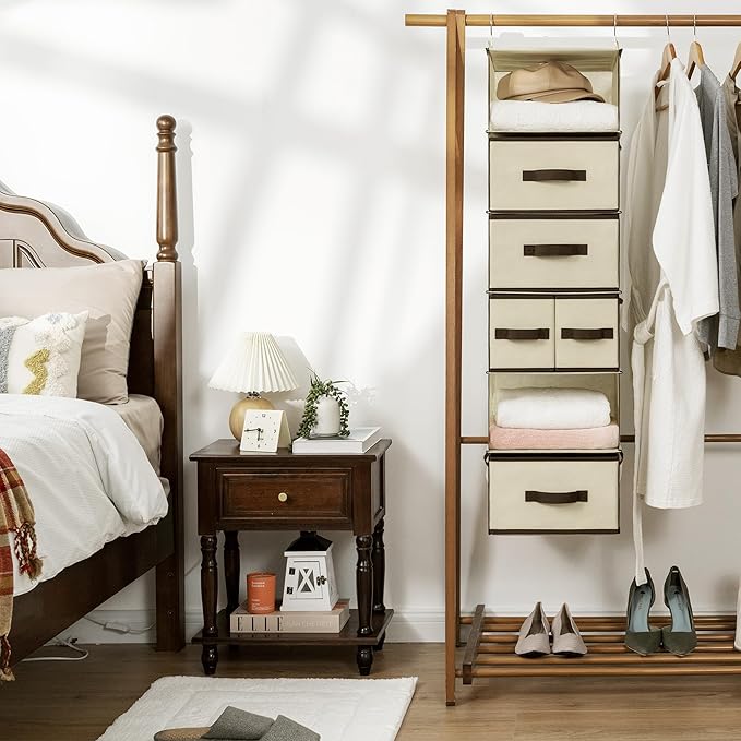 GRANNY SAYS Hanging Closet Organizers and Storage 6 Shelves, Closet Hanging Organizer with 5 Drawers, 6 Side Pockets Hanging Storage Organizer, Portable Clothes Organizer for Closet, Beige