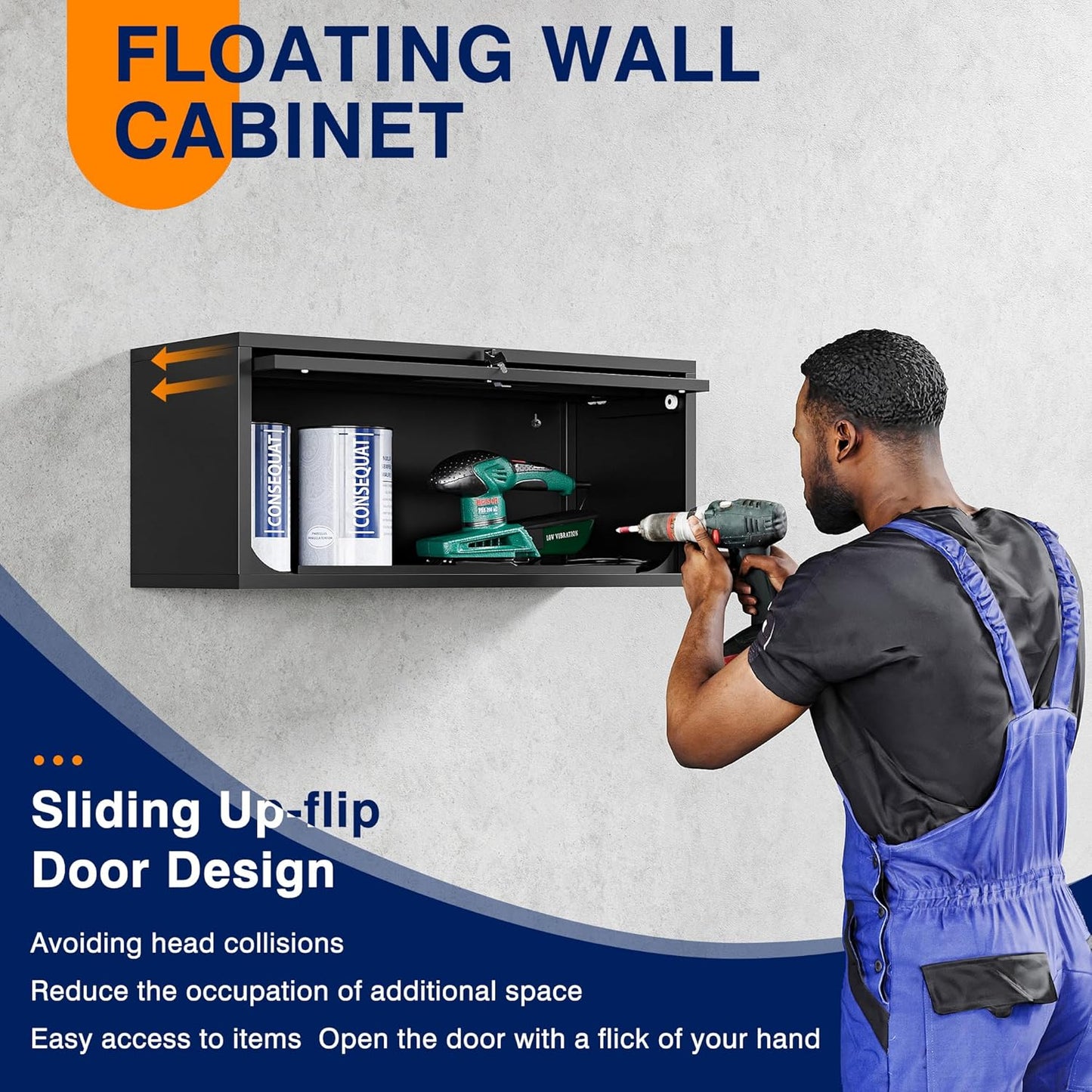 Yizosh Metal Garage Cabinet with Doors, Wall Mounted Storage Cabinet, Floating Tool Cabinet for Basement, Kitchen, Warehouse (Black, 13.7" H)