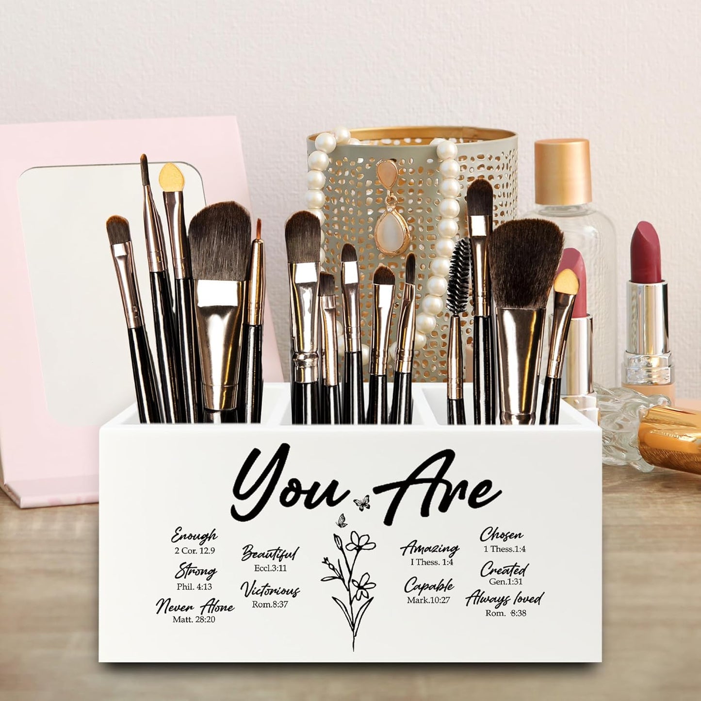 You Are Christian Pen Pencil Holder Organizer for Desk, Christian Gifts for Women, Floral Inspirational Bible Verse Wooden Box Signs Decorations for Home Office Desk Tabletop