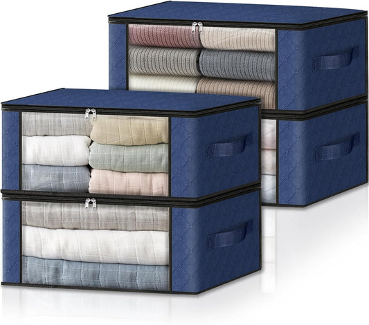 HomeHacks Storage 4-Pack Clothes Organizer Storage Bags Foldable Storage Box with Large Clear Window Sturdy Handles for Closet, Dorm, Pillows, Bedding, Clothes, Blankets, 35L, Blue