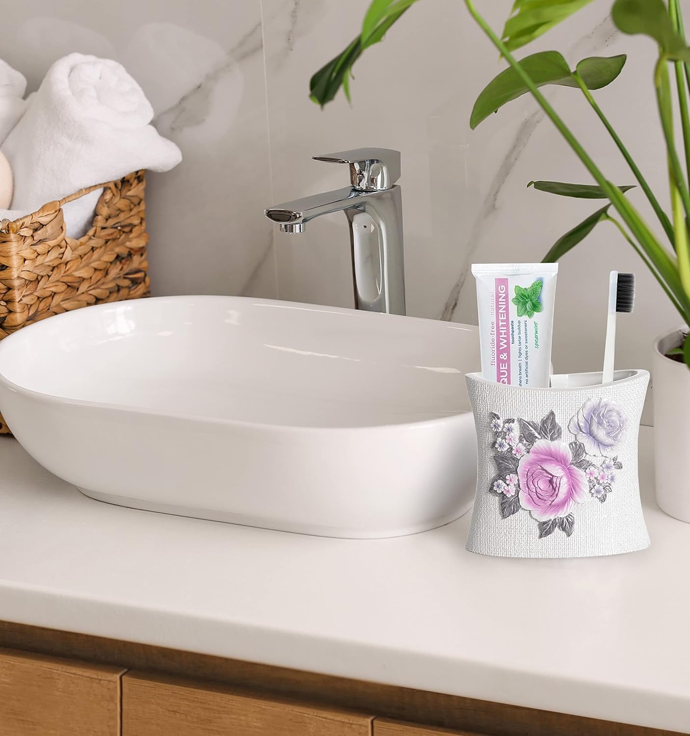 Zahari Home 4pc Michelle Bathroom Accessories Sets Lotion Pump, Tumbler, Tooth Brush Holder and Soap Dish Unique Design Floral Bathroom Set