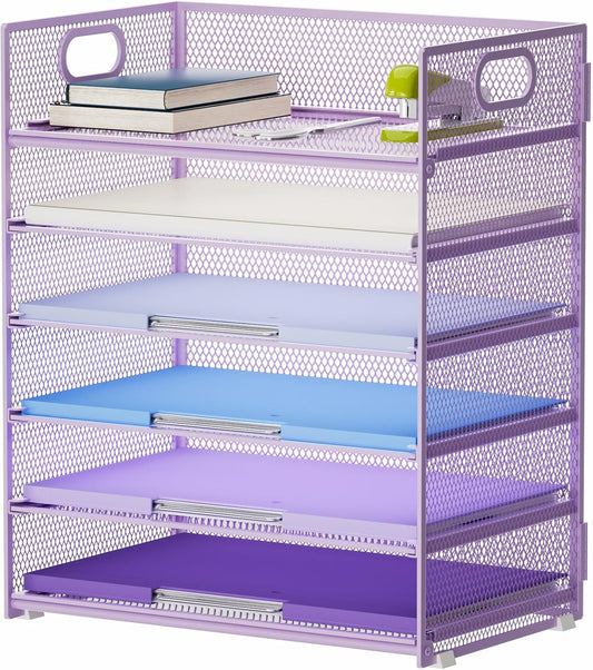 Marbrasse 6 Tier Paper Organizer Letter Tray - Mesh Desk File Organizer with Handle, Paper Sorter for Letter/A4 Office File Folder Holder - Purple