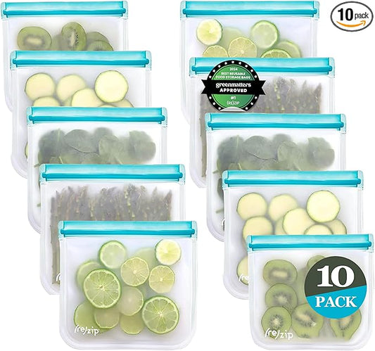 (re) zip 10-Pack Reusable Sandwich Lunch Bags | BPA-Free, Food Grade, Leakproof, Freezer Safe, Dishwasher Safe, Travel Friendly | 3.5 Cup / 28-Ounce | Aqua