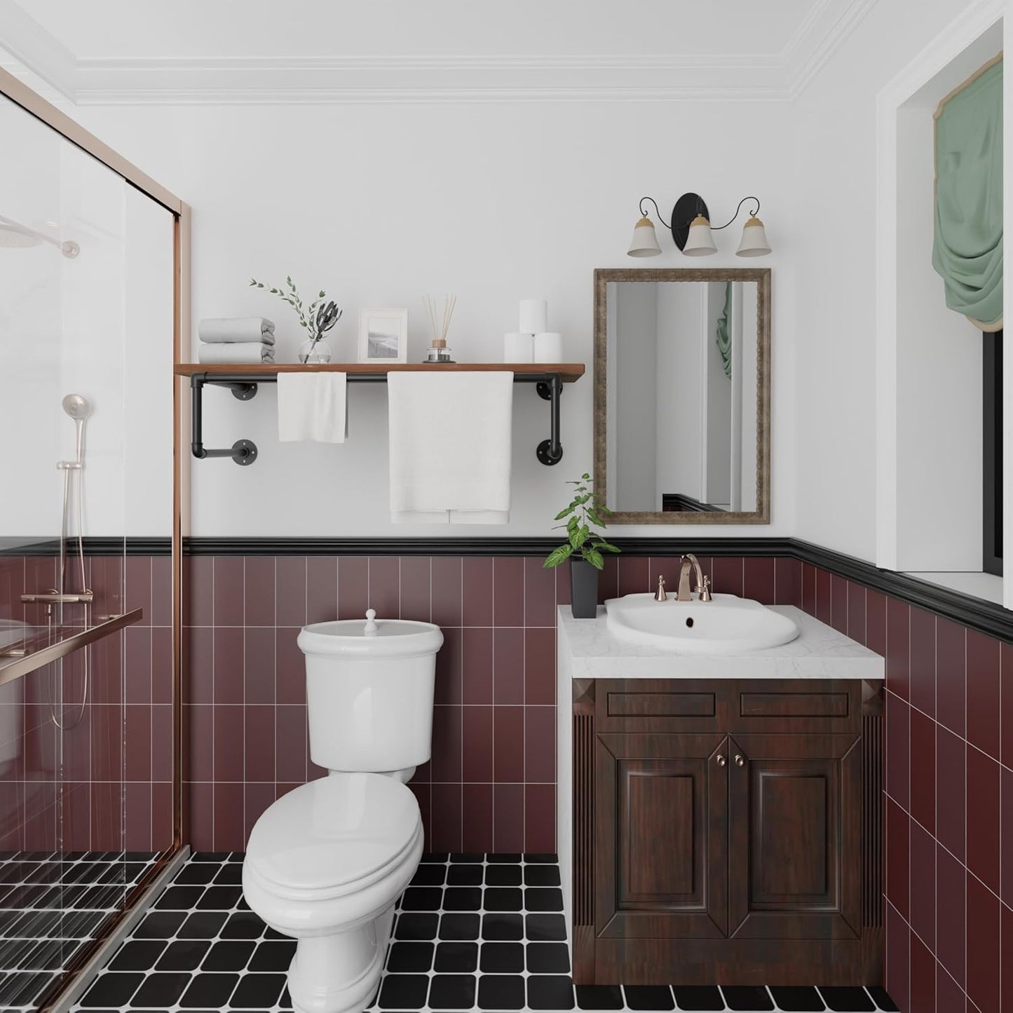 Clothes Rack 36in, Wall Mounted Garment Racks with Brown Real Wood Shelf, Heavy Duty Hanging Clothes Rack, Multi-Purpose Hanging Rod, Space-Saving Closet Storage