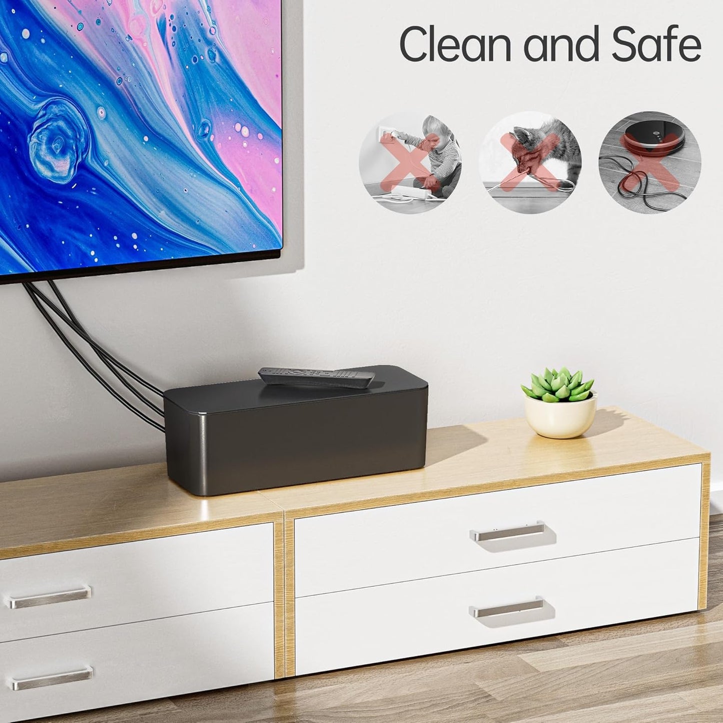 YECAYE 2 Pack Cable Management Box, Pet Friendly Cable Box Organizer for Home & Office, Child-Proof Floor Cord Cover, Cord Management and Cord Hider, Black