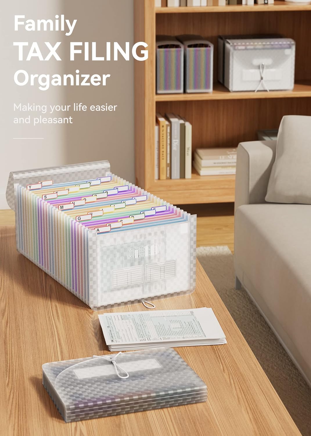 ABC life 26 Pockets Accordion File Organizer, Expanding File Folder, Portable Monthly Paper Bill Tax Receipt Organizer, Letter A4 Size Document Organizer with Labels - Blue