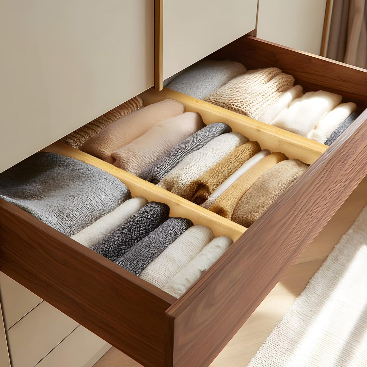 VaeFae 3 Pack Bamboo Drawer Dividers, 4" High Adjustable 16.6" - 21.8" Clothes Drawer Organizers, Expandable Separators for Bedroom/Bathroom/Kitchen/Office Storage